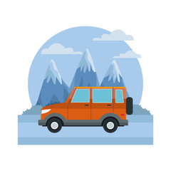 SUV sport vehicle between mountains landscape icon vector illustration