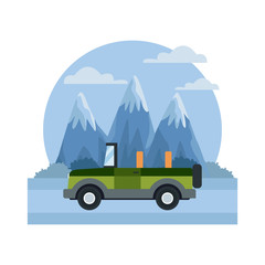 Fototapeta na wymiar Off road sport truck between mountains landscape icon vector illustration