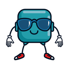 happy emoji with sunglasses square character vector illustration design