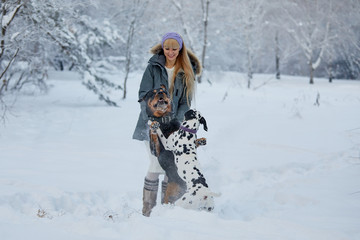 A beautiful blonde is walking with a Rottweiler and a Dalmatian in a snowy forest.