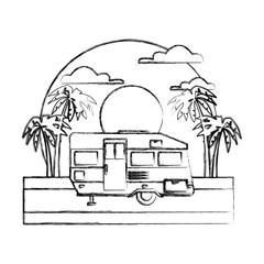 Trailer home isolated on sunset landscape icon vector illustration