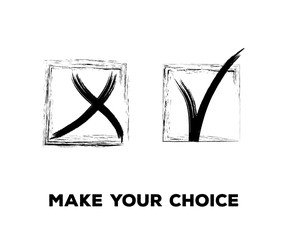 Yes and No Vector Set Square Frames, Isolated.  Hand Painted Election, Quizz, Voting, Test Symbols. Ink Brush Rejection and Approval, Query Choice Icons. Yes and No Tick and Cross Symbolic Marks.