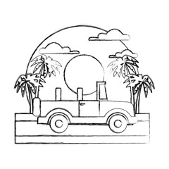 Off road sport truck on sunset landscape icon vector illustration
