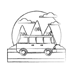 Vintage van vehicle between mountains landscape icon vector illustration