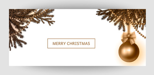 Horizontal gift gold design background with balls, bows for the invitation, birthday, voucher. For a banner, postcards. flyer, label, certificate, company card. Merry New Year, Happy Christmas. Vector