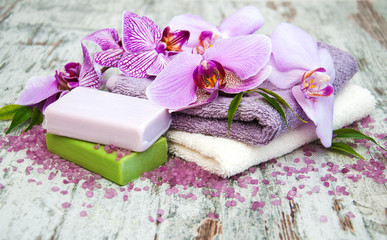 Fototapeta na wymiar Handmade soap and purple orchids