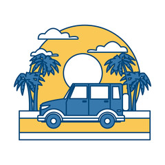 SUV sport vehicle on sunset landscape icon vector illustration