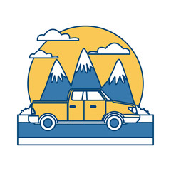 Pick up vehicle between mountains landscape icon vector illustration