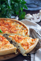 Lorraine pie with chicken and cheese, selective focus