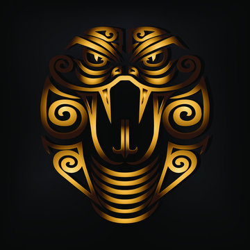 Golden Snake head isolated on black background. Stylized Maori face tattoo. Golden Cobra mask. Symbol of Chinese Horoscope by years. Vector illustration.