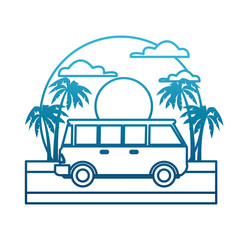 Vintage van vehicle on sunset landscape icon vector illustration