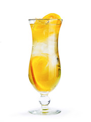 A glass of water with a citrus and ice. A glass of water with a citrus and ice