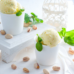 Homemade pistachio ice cream, square