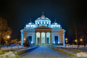 View of evening or night Sophia cathedral church in Tsarskoye Selo Pushkin, St.Petersburg, Russia