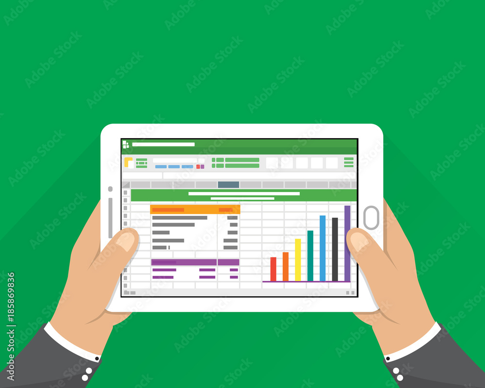 Poster hand holding tablet. businessman read spreadsheet financial analysis report with chart and graph. fl
