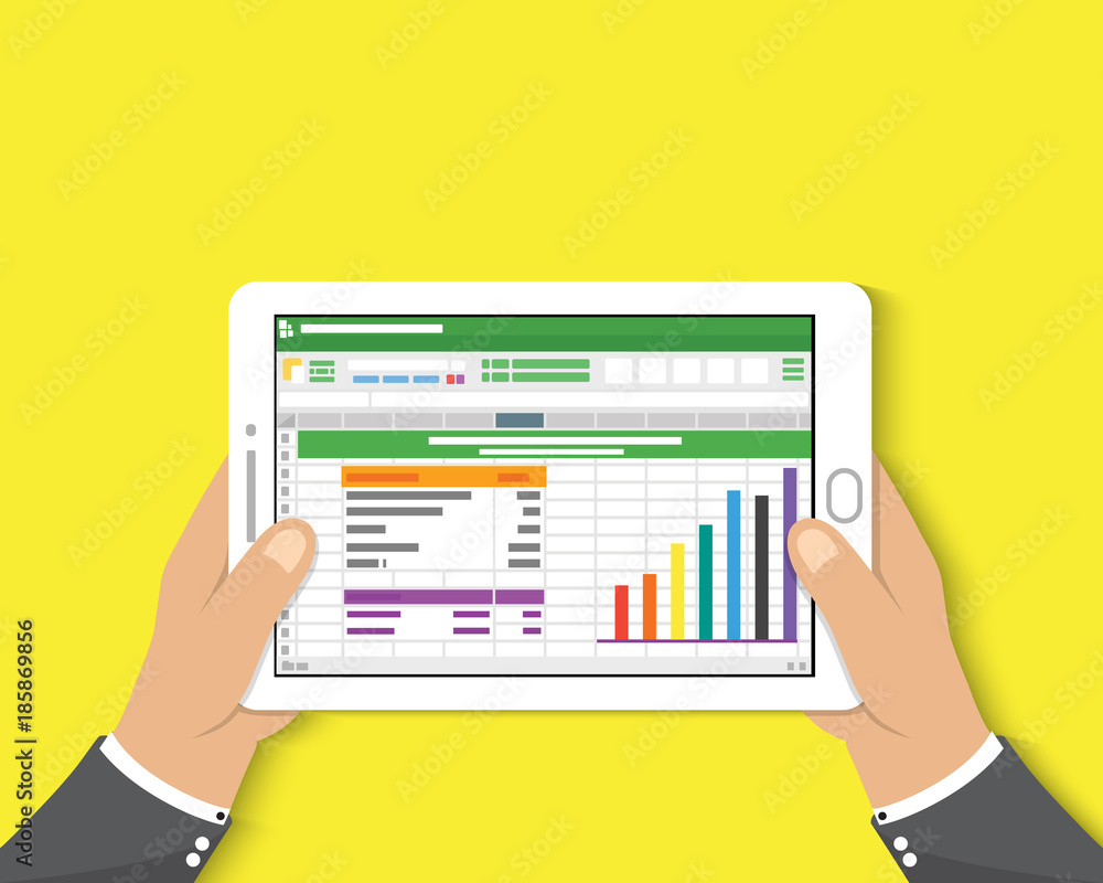 Poster hand holding tablet. businessman read spreadsheet financial analysis report with chart and graph. fl