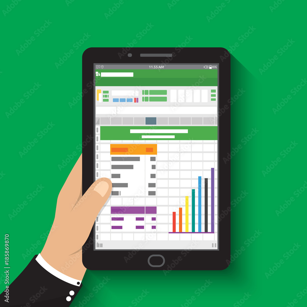 Poster hand holding tablet. businessman read spreadsheet financial analysis report with chart and graph. fl