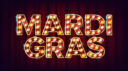 Mardi Gras Background Vector. Carnival Vintage Style Illuminated Light. For Greeting Card, Party Invitation Design. Retro Illustration