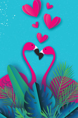 Exotic birds love. Flamingo couple. Beautiful Pink bird. Tropical Jungle. Palm leaves. Love with paper cut hearts. Romantic Invitation card. Happy Valentine's day. 14 February. Blue background.