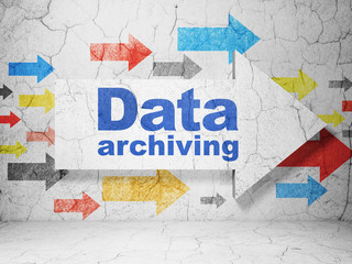 Data concept:  arrow with Data Archiving on grunge textured concrete wall background, 3D rendering