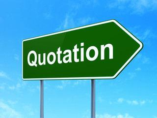 Banking concept: Quotation on green road highway sign, clear blue sky background, 3D rendering