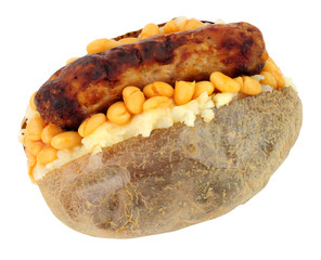 Sausage and baked bean filled baked jacket potato isolated on a white background