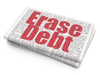 Finance concept: Pixelated red text Erase Debt on Newspaper background, 3D rendering
