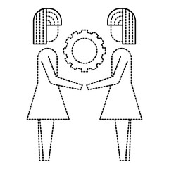 two businesswomen holding gear teamwork concept vector illustration