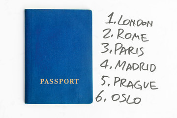 Blue passport next to the list of European cities
