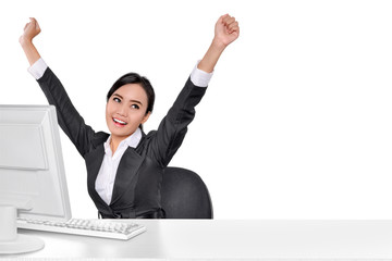Portrait of asian business woman with hand raised