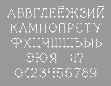 Russian alphabet, font, Schema, white, vector. Capital letters and figures of the Russian alphabet. Vector font. Scheme. Connection. Thin white letters on a gray background.  