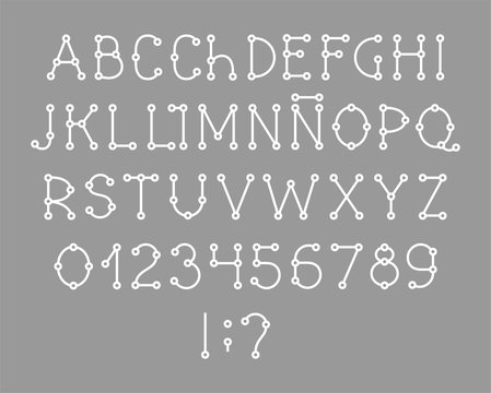Spanish alphabet, font, Schema, white, vector. Capital letters and numbers Spanish alphabet. Vector font. Scheme. Connection. White letters on gray background. 