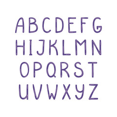 Hand drawn cute latin alphabet, in violet. Make your own lettering. Isolated letters on white background. Vector illustration.