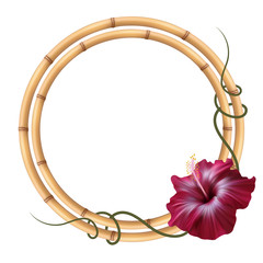 Realistic bamboo frame with hibiscus flower.