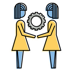 two business women holding gear teamwork concept vector illustration