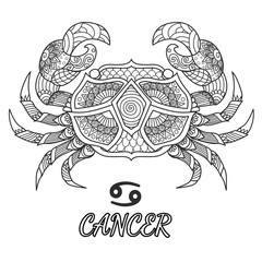 Line art design of Cancer zodiac sign for design element and adult coloring book page. Vector illustration.