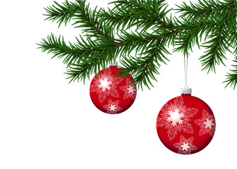 Fototapeta na wymiar Pine Branch With Red Christmas Balls