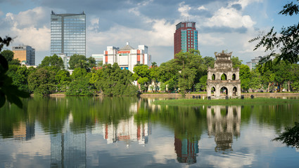 Turtle Tower (Thap Rua) in Hoan Kiem lake (Sword lake, Ho Guom) in Hanoi, Vietnam.