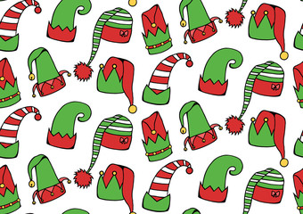 Seamless texture with cartoon elf hats. Vector background for wrapping paper, backgrounds, fabrics and your creativity