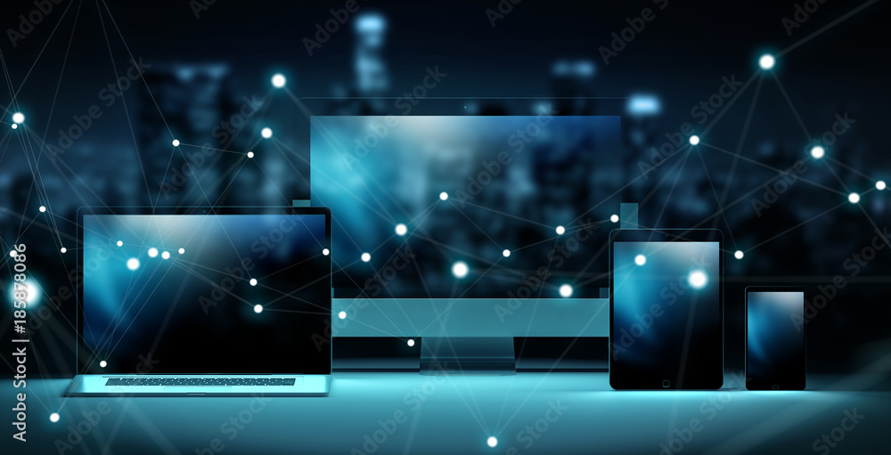 Poster modern digital tech device connected to each other 3d rendering