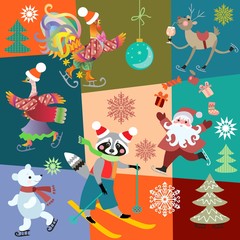 Christmas patchwork pattern with cheerful fairy animals and Santa Claus juggling with gifts. Vector winter design.