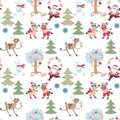 Seamless Christmas pattern with reindeer Rudolph, Santa Claus, cute raccoons and polar bears in fairy winter forest. Vector illustration.