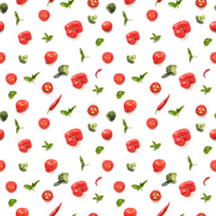 Food texture. Seamless pattern of fresh vegetable slices isolated on white background, top view, flat layout. Tomatoes, broccoli and green basil.