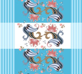 Striped paisley floral pattern. Beautiful vector illustration. Indian, persian, turkish motives.