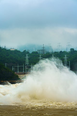 Strong stream of water at the dam hydroelectric Hoa Binh, Vietnam