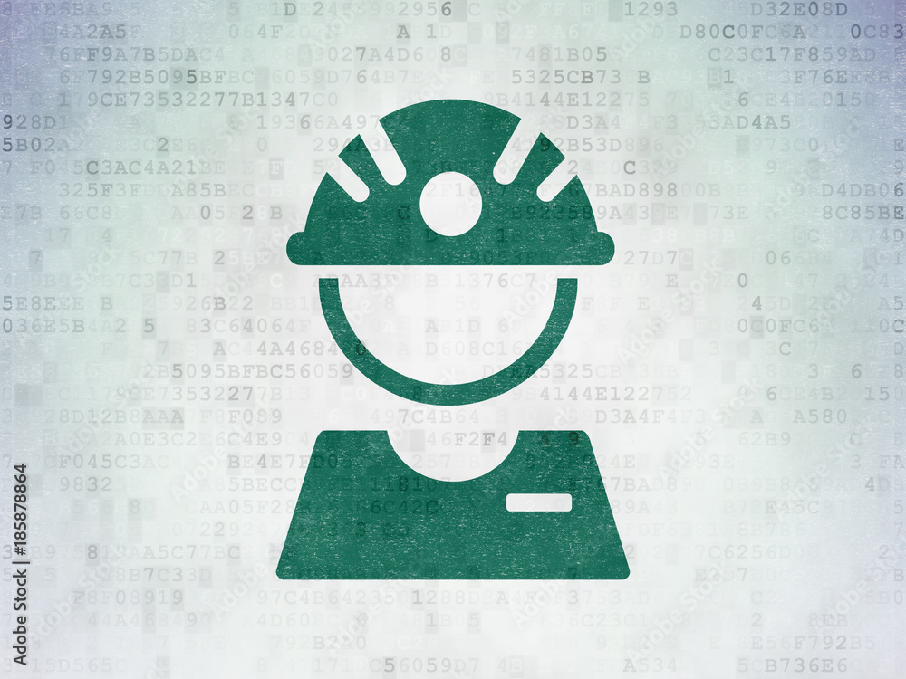 Poster manufacuring concept: painted green factory worker icon on digital data paper background