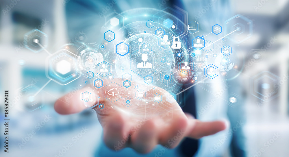 Aufkleber Businessman using social network interface 3D rendering