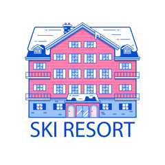 Abstract spa and ski resort emblem in line art design. Monoline winter mountain hotel linear vector illustration. Snowy holiday inn building isolated on white background.