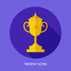 Champions cup vector icon with long shadow. Winner trophy flat design pictogram isolated on white. Cartoon golden chalice cup symbol.