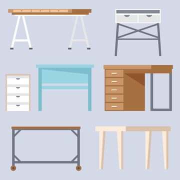Home room and office desks and tables collection. Room furniture icon in flat design.